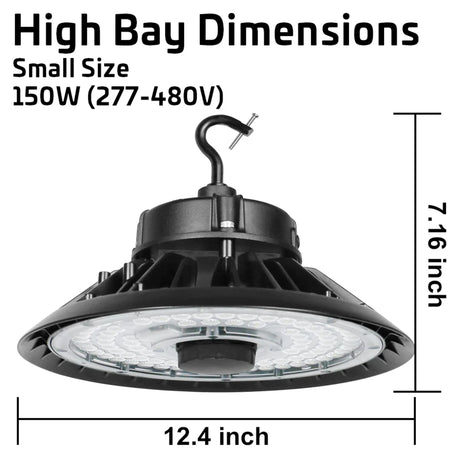 Black UFO LED high bay light with hook mount, shown with 12.4 inch width and 7.16 inch height dimensions