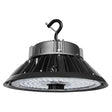 Black UFO LED high bay light with hook mount and finned aluminum housing for industrial lighting