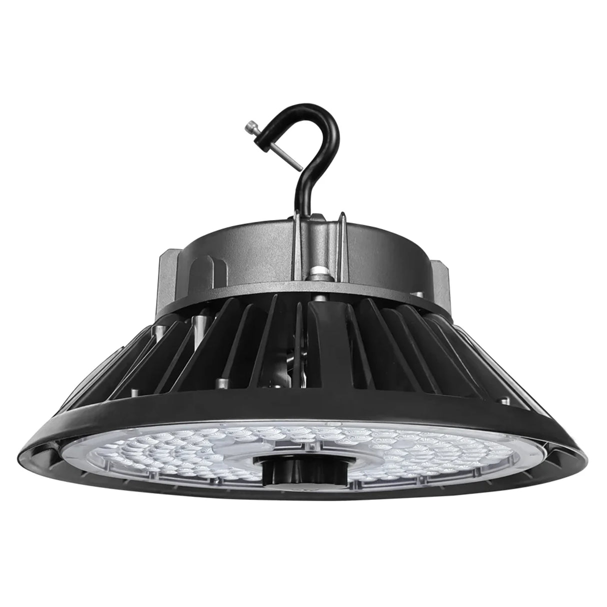 Black UFO LED high bay light with hook mount and finned aluminum housing for industrial lighting