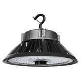 Black UFO LED high bay light with hook mount and finned aluminum housing for industrial lighting