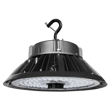 Black UFO LED high bay light with hook mount and finned aluminum housing for industrial lighting