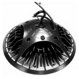 Black UFO LED high bay light with finned heat sink and hanging hook for industrial ceiling mounting