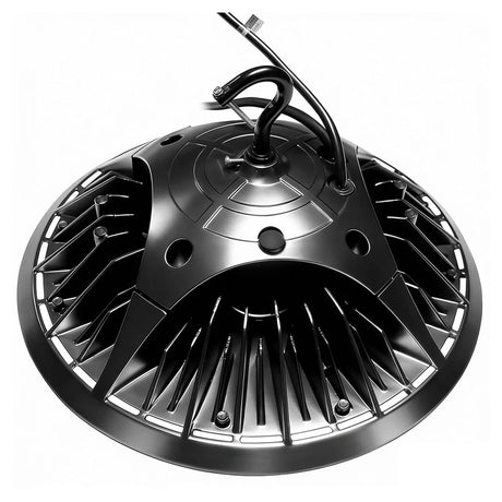 Black UFO LED high bay light with finned heat sink and hanging hook for industrial ceiling mounting