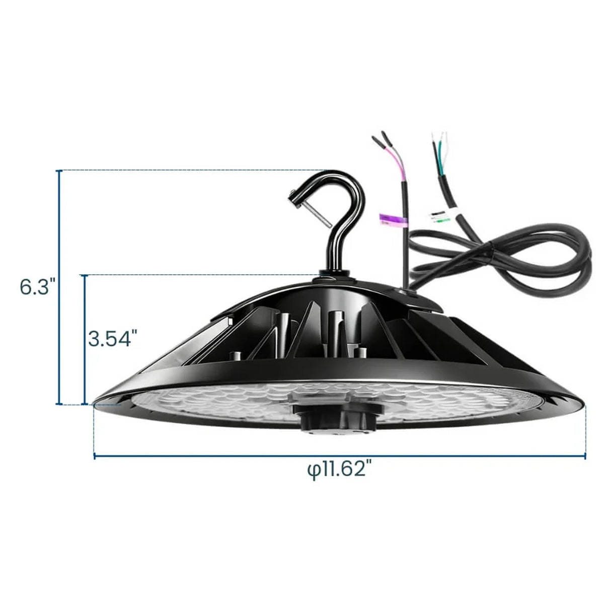 Black UFO LED high bay light with hook mount, wiring leads, and dimension markings on a white background