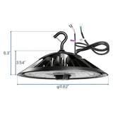 Black UFO LED high bay light with hook mount, wiring leads, and dimension markings on a white background