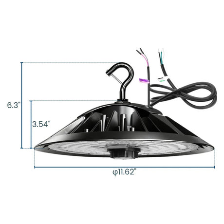 Black UFO LED high bay light with hook mount, wiring leads, and dimension markings on a white background