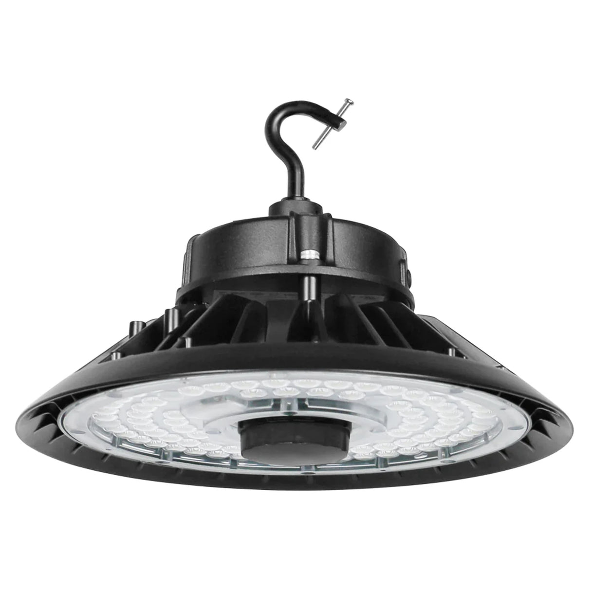 Black UFO LED high bay light with hanging hook and clear lens for industrial warehouse lighting