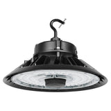 Black UFO LED high bay light with hanging hook and clear lens for industrial warehouse lighting