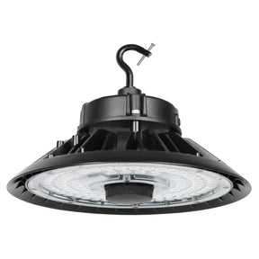 Black UFO LED high bay light with hanging hook and clear lens for industrial warehouse lighting