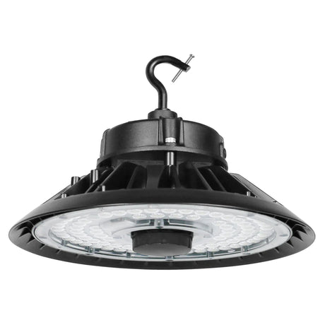 Black UFO LED high bay light with hanging hook and clear lens for industrial warehouse lighting