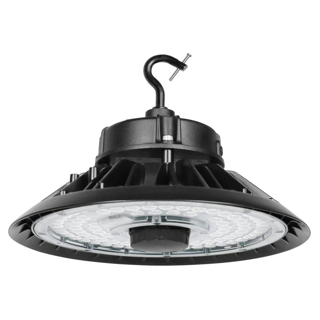 Black UFO LED high bay light with hanging hook and clear lens for industrial warehouse lighting
