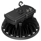 Black UFO LED high bay light with hook mount and finned heat sink for warehouse lighting
