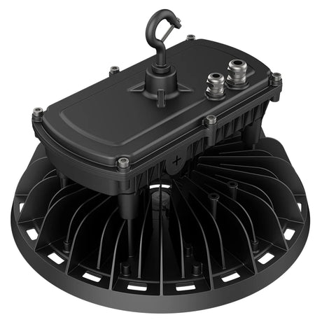 Black UFO LED high bay light with hook mount and finned heat sink for warehouse lighting