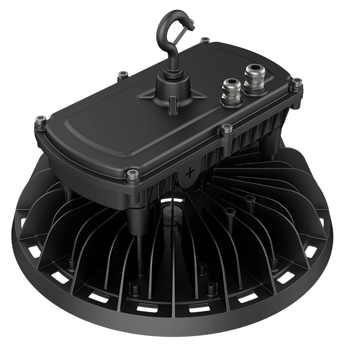 Black UFO LED high bay light rear housing with hook mount and finned heat sink