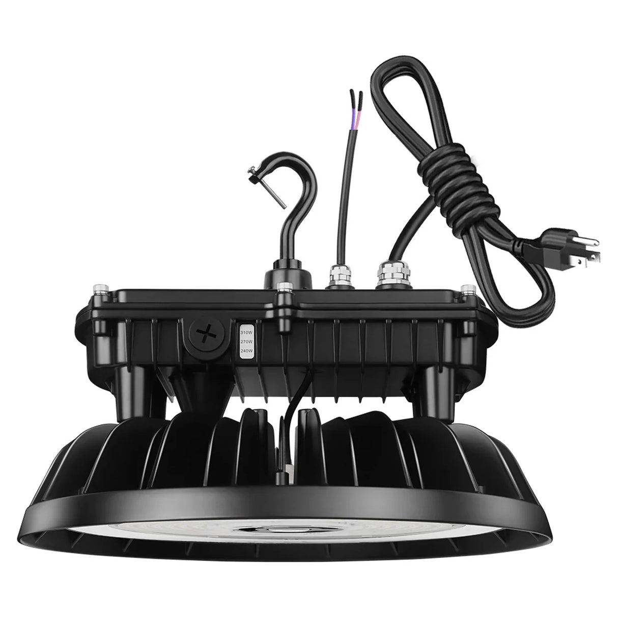 Black UFO LED high bay light with hanging hook, power cord, and selectable wattage switch