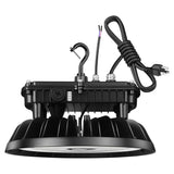 Black UFO LED high bay light with hanging hook, power cord, and selectable wattage switch