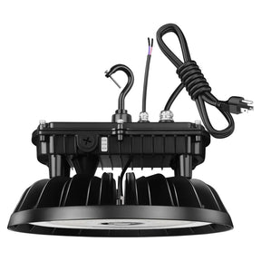 Black UFO LED high bay light with hanging hook, power cord, and selectable wattage switch