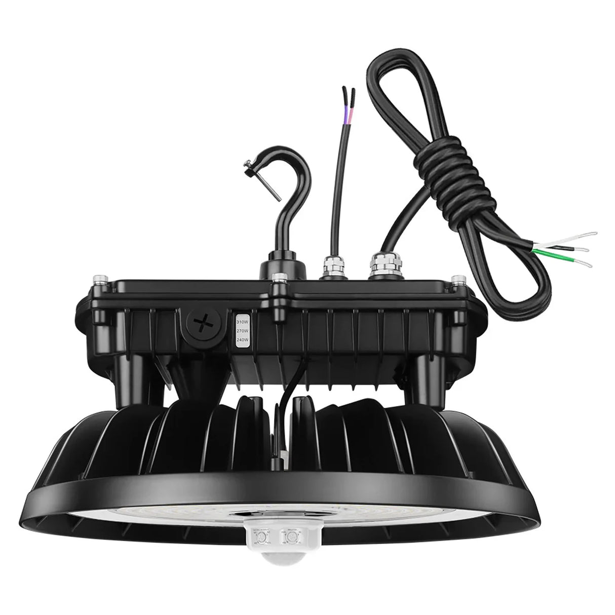 Black UFO LED high bay light with hanging hook, wiring leads, and motion sensor on a white background