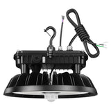 Black UFO LED high bay light with hanging hook, wiring leads, and motion sensor on a white background