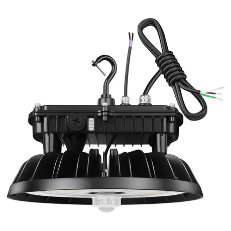 Black UFO LED high bay light with hanging hook, wiring leads, and motion sensor on a white background