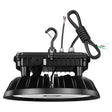 Black UFO LED high bay light with hanging hook, heat sink fins, and attached power cords on a white background