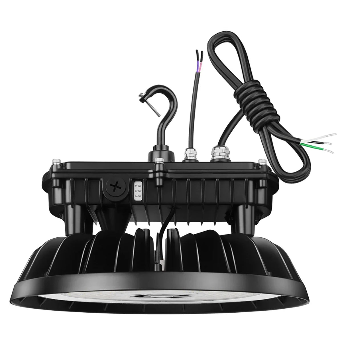 Black UFO LED high bay light with hanging hook, heat sink fins, and attached power cords on a white background