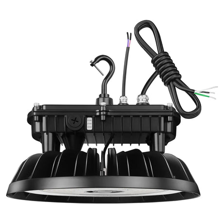Black UFO LED high bay light with hanging hook, heat sink fins, and attached power cords on a white background