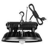 Black UFO LED high bay light with power cord, mounting hook, and underside sensor on white background