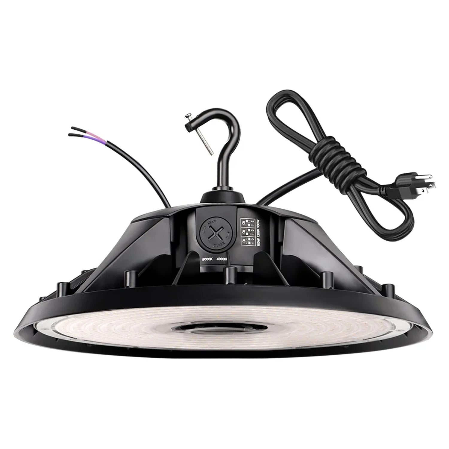 Black UFO LED high bay light with hook mount, power cord, and selectable wattage and color settings