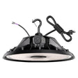 Black UFO LED high bay light with hook mount, power cord, and selectable wattage and color settings