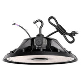 Black UFO LED high bay light with hook mount, power cord, and selectable wattage and color settings