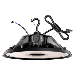 Black UFO LED high bay light with hook mount, power cord, and selectable wattage and color settings