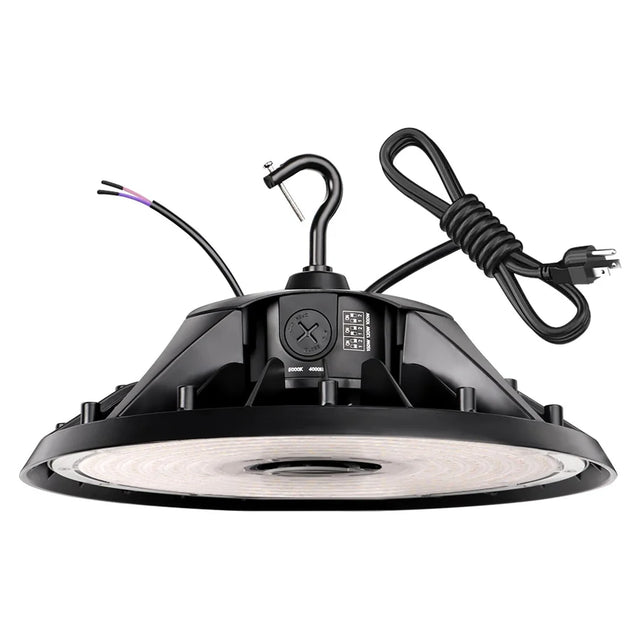 Black UFO LED high bay light with hook mount, power cord, and selectable wattage and color settings
