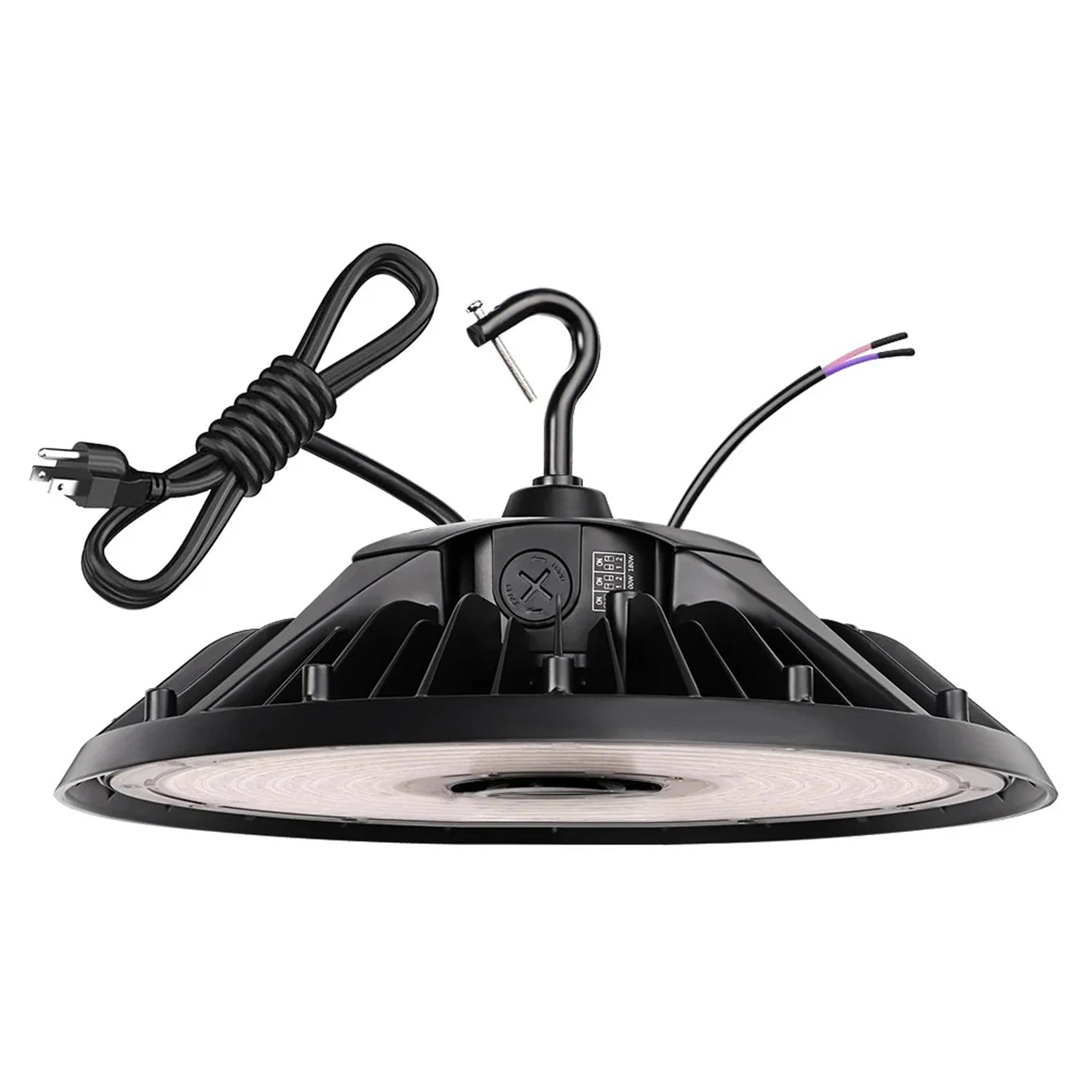 Black UFO LED high bay light with selectable wattage, hook mount, power cord, and finned heat sink