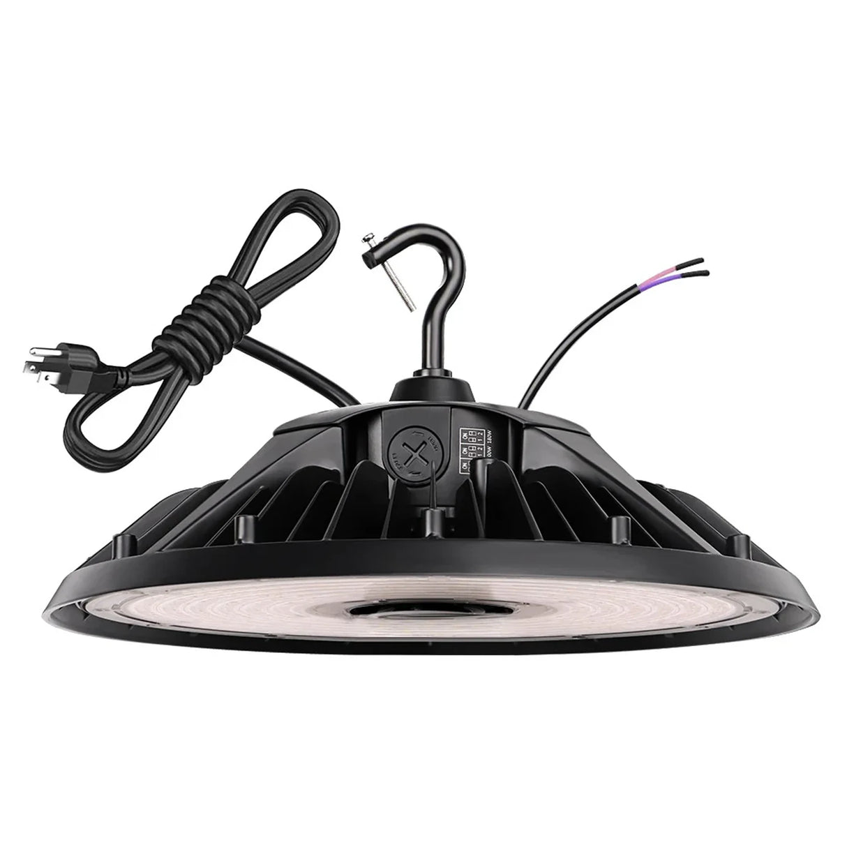 Black UFO LED high bay light with selectable wattage, hook mount, power cord, and finned heat sink