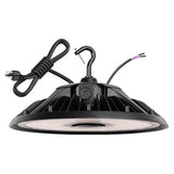 Black UFO LED high bay light with selectable wattage, hook mount, power cord, and finned heat sink