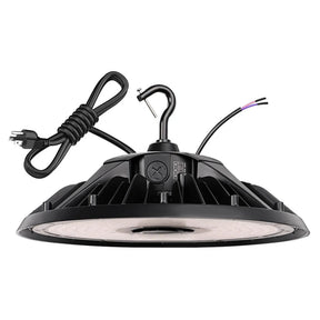 Black UFO LED high bay light with selectable wattage, hook mount, power cord, and finned heat sink