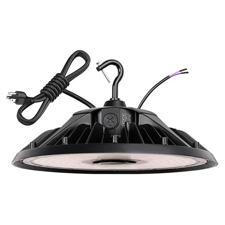 Black UFO LED high bay light with selectable wattage, hook mount, power cord, and finned heat sink