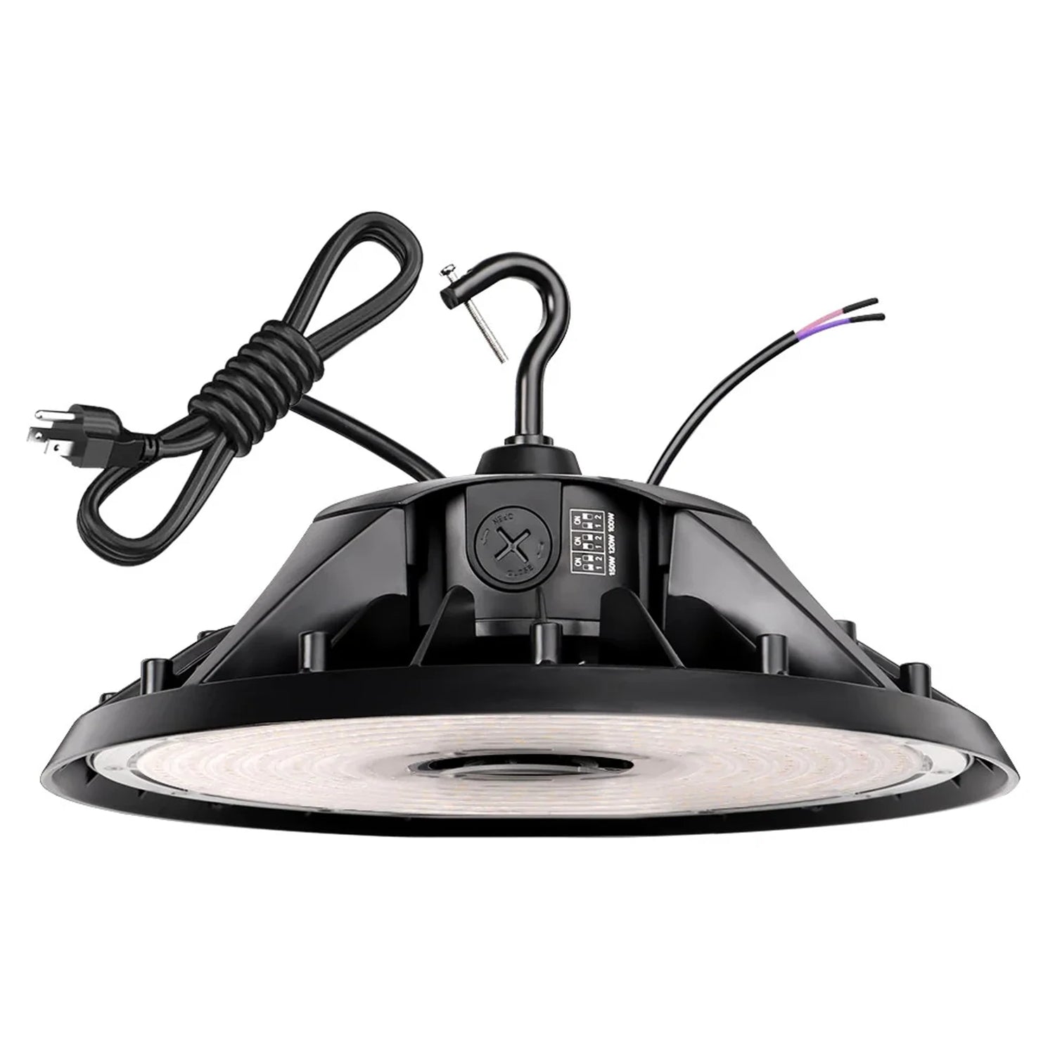 Black UFO LED high bay light with hook mount, power cord, and selectable wattage switch