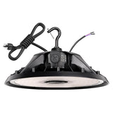 Black UFO LED high bay light with hook mount, power cord, and selectable wattage switch
