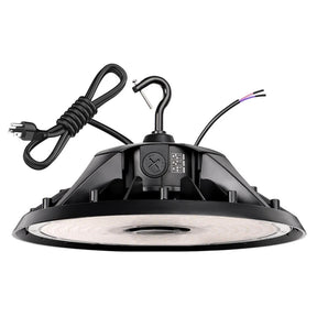Black UFO LED high bay light with hook mount, power cord, and selectable wattage switch