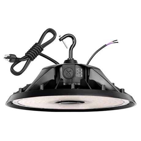 Black UFO LED high bay light with hook mount, power cord, and selectable wattage switch