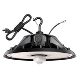Black UFO LED high bay light with selectable wattage, power cord, and motion sensor attachment