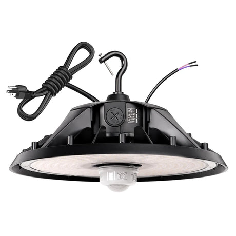 Black UFO LED high bay light with selectable wattage, power cord, and motion sensor attachment