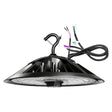 Black UFO LED high bay light with hook mount, clear lens, and wiring leads for industrial ceiling installation