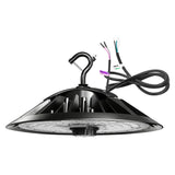 Black UFO LED high bay light with hook mount, clear lens, and wiring leads for industrial ceiling installation