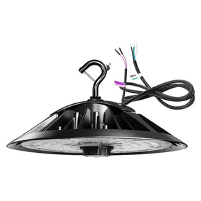 Black UFO LED high bay light with hook mount, clear lens, and wiring leads for industrial ceiling installation