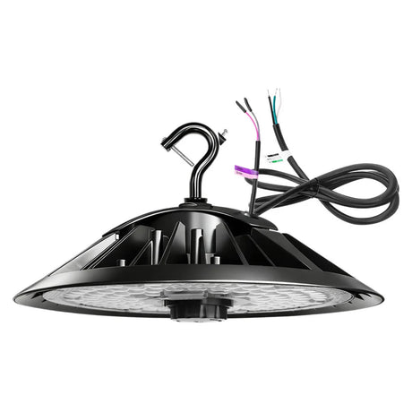Black UFO LED high bay light with hook mount, clear lens, and wiring leads for industrial ceiling installation
