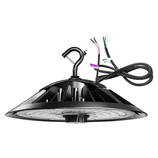 Black UFO LED high bay light with hook mount, clear lens, and wiring leads for industrial ceiling installation