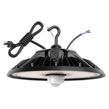 Black UFO LED high bay light with motion sensor, power cord, and hanging hook for warehouse ceiling mounting